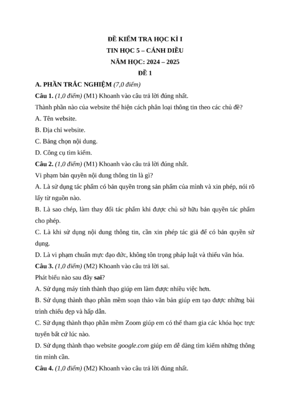 đề thi tin học lớp 5 cuối kì 1: Tài Liệu Ôn Tập Toàn Diện