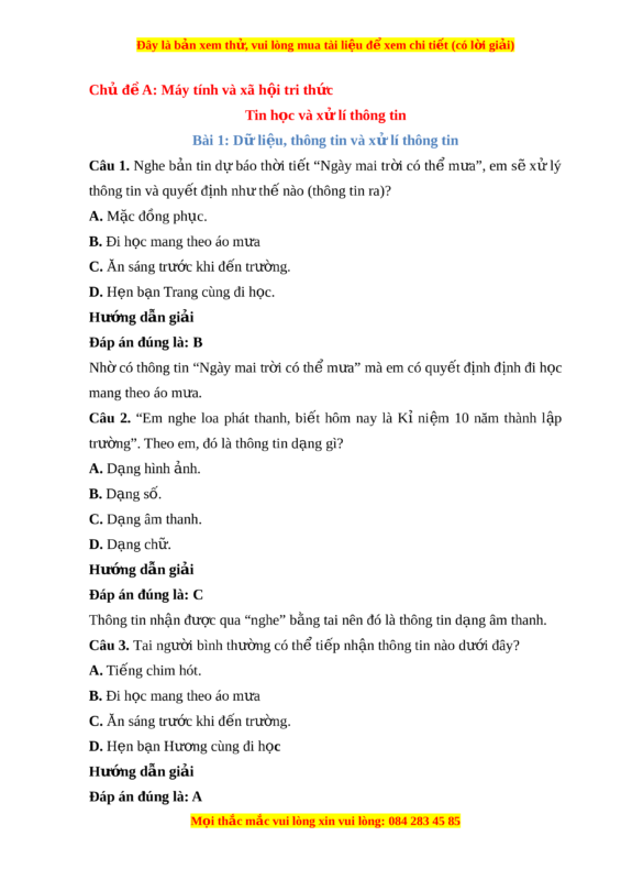 Trắc Nghiệm Tin Học 10 Bài 1: Thông Tin Và Xử Lý Thông Tin