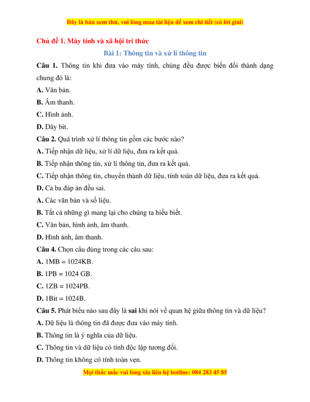 Trắc Nghiệm Tin Học 10 Bài 1: Thông Tin Và Xử Lý Thông Tin