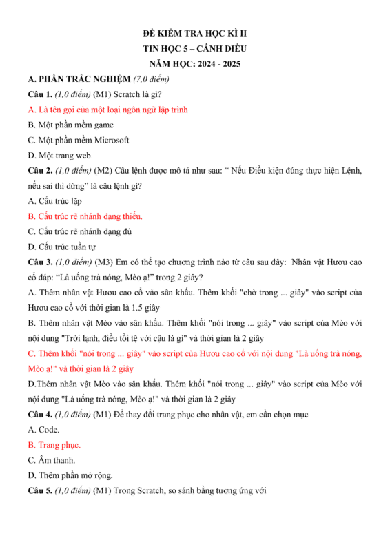 Đề Thi Tin Học Cuối Kì 2 Lớp 5 Sách Cánh Diều Năm Học 2024 - 2025
