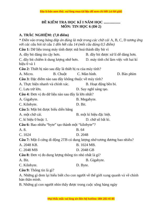 Đề Cương Tin Học Lớp 6 Học Kì 1 Cập Nhật Mới Nhất