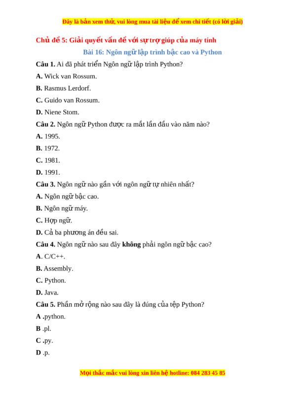 Trắc Nghiệm Bài 16 Tin Học 10: Ngôn Ngữ Bậc Cao Và Python