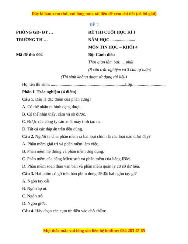 Đề Thi Tin Học Lớp 4 Cuối Kì 1 Năm Học 2016-2017 Có Đáp Án Chi Tiết