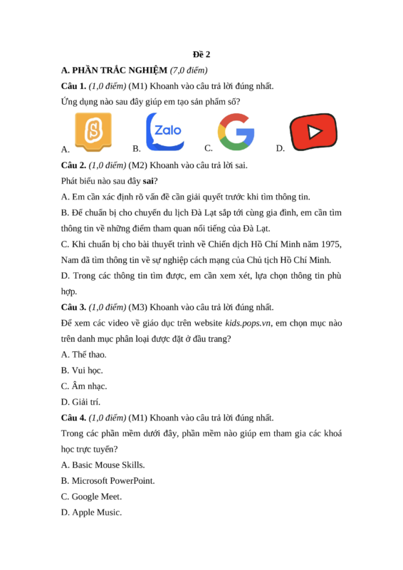 Đề Thi Tin Học Lớp 5 Học Kì 2 Kết Nối Tri Thức Có Đáp Án