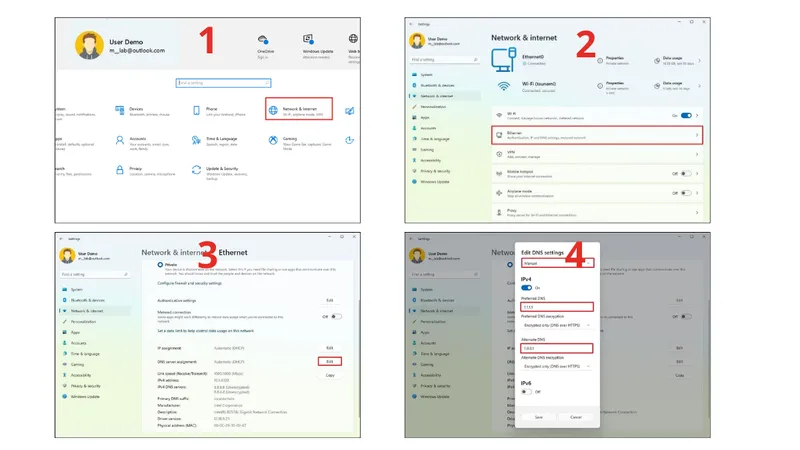 Các bước thay đổi DNS trên hệ điều hành Windows