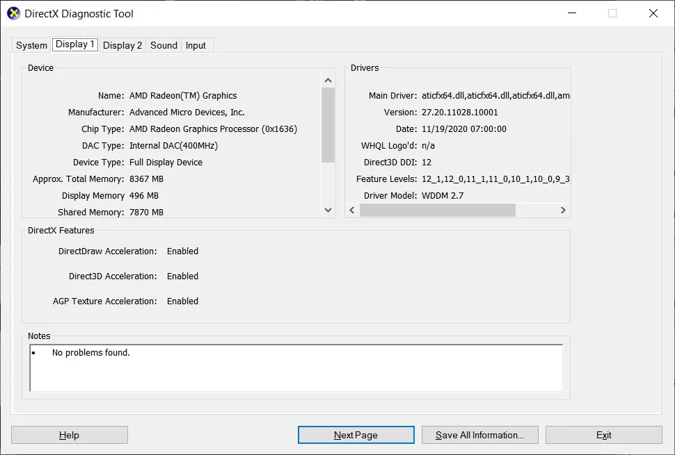 Thông số chi tiết card màn hình NVIDIA trong dxdiag