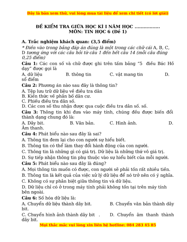 Đề Thi Tin Học Lớp 3 Cuối Kì 1 Năm Học 2025 - 2026 Chuẩn Nhất