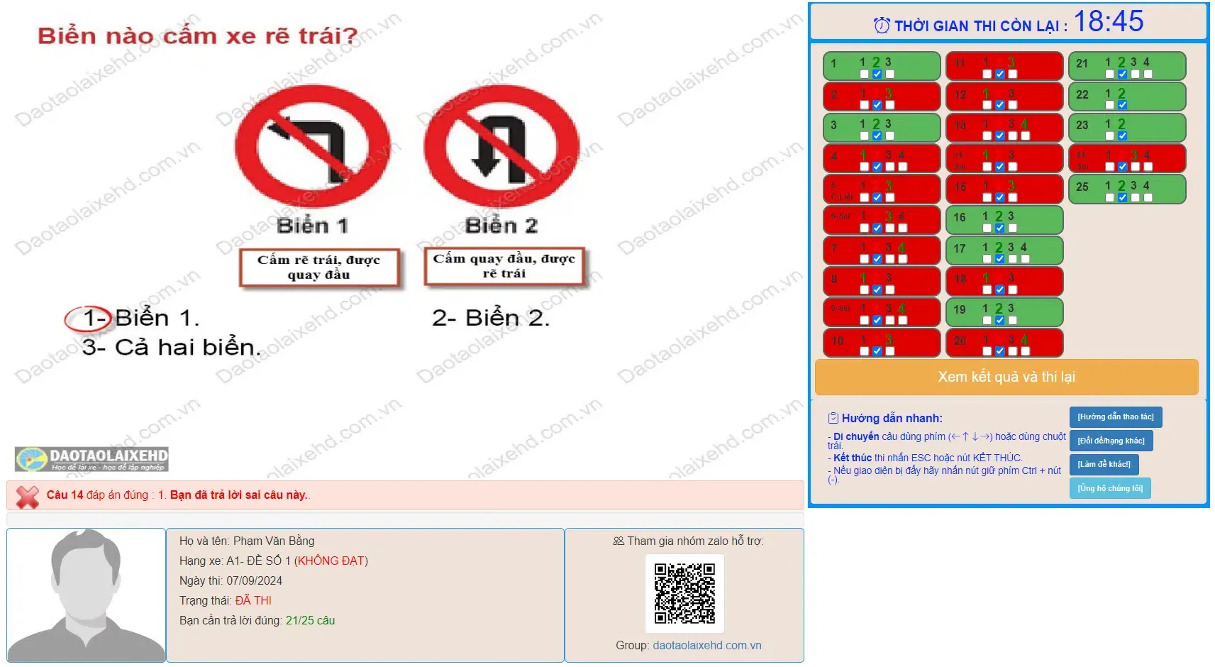 Hệ thống báo lỗi và gợi ý xem lại nội dung câu hỏi bị sai