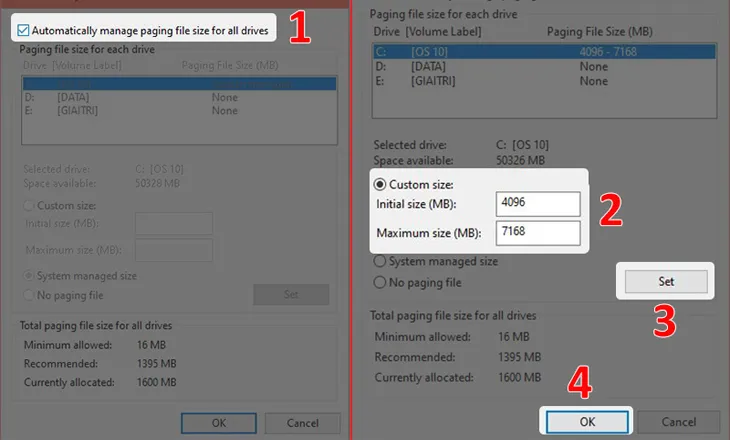 BÆ°á»›c 3: Bá» Ä'Ã¡nh dáº¥u á»Ÿ dÃ²ng Automatically manage paging file size for all drives