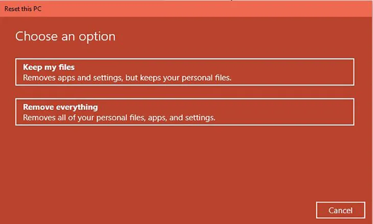 BÆ°á»›c 2: Chá»n Keep my files Ä'á»ƒ giá»¯ láº¡i cÃ¡c táº­p tin cÃ¡ nhÃ¢n cá»§a báº¡n hoáº·c Remove everything Ä'á»ƒ xÃ³a táº¥t cáº£ má»™i thá»©