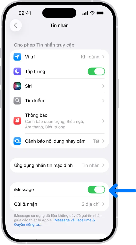 Giao diện tùy chỉnh luồng nhận và gửi iMessage bên trong Menu Cài đặt của hệ điều hành iOS cao cấp
