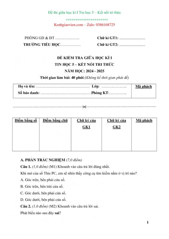 Đề Thi Tin Học Lớp 5 Học Kì 2 Kết Nối Tri Thức Có Đáp Án
