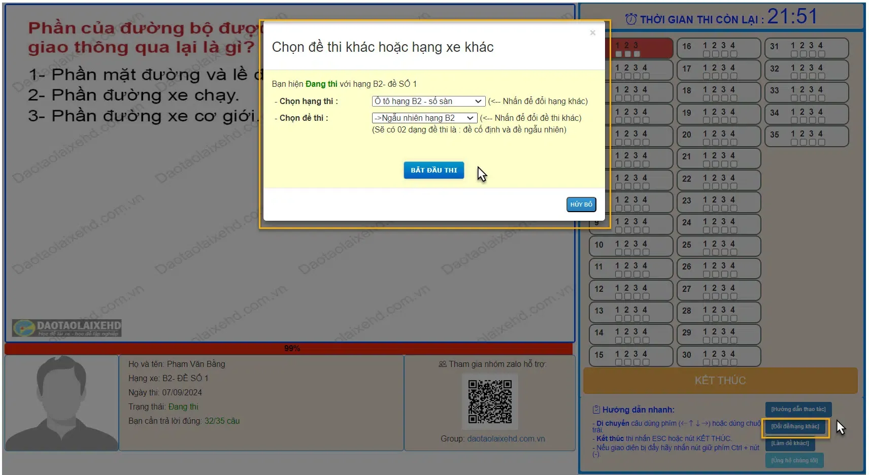 Tính năng làm đề thi khác để thay đổi bộ câu hỏi ngẫu nhiên