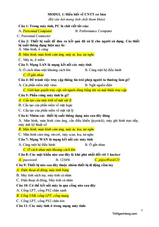 Trắc Nghiệm Tin Học Căn Bản Và Đáp Án Chi Tiết