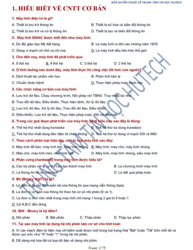 Trắc Nghiệm Tin Học Đại Cương: Bộ 800 Câu Hỏi Và Đáp Án