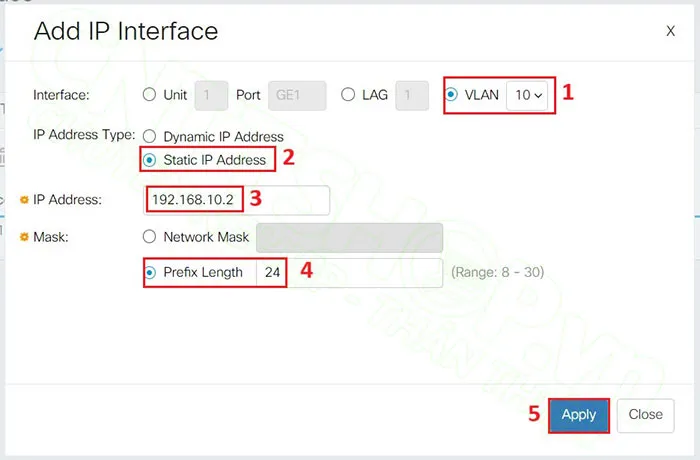 cấu hình IP cho interface VLAN 10