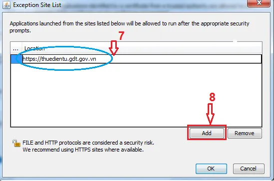 Thêm website thuedientu vào danh sách ngoại lệ của Java Security