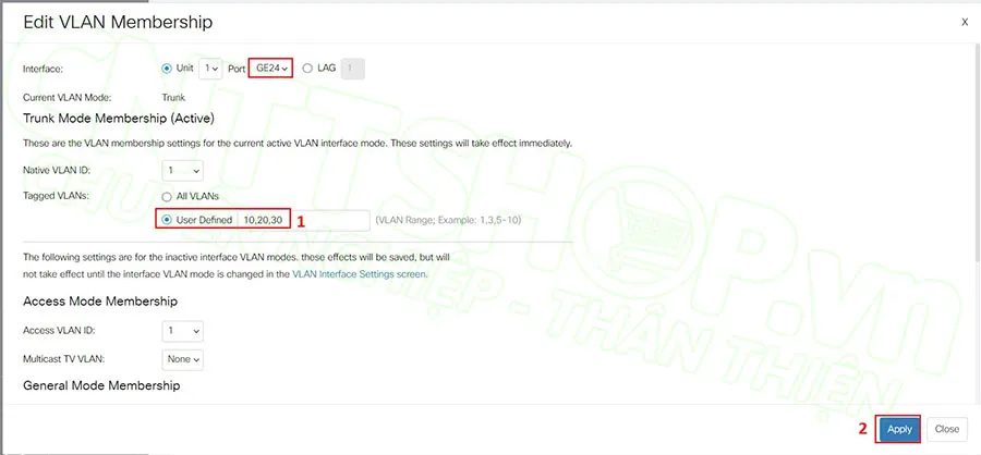 nhập các vlan sẽ cho phép trên đường trunk