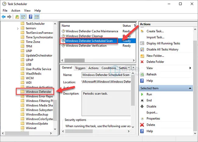 Chọn đúng tác vụ Windows Defender Scheduled Scan để tiến hành cấu hình lại