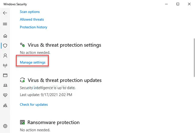Kéo xuống phía dưới cùng để tìm mục Manage settings trong giao diện bảo mật