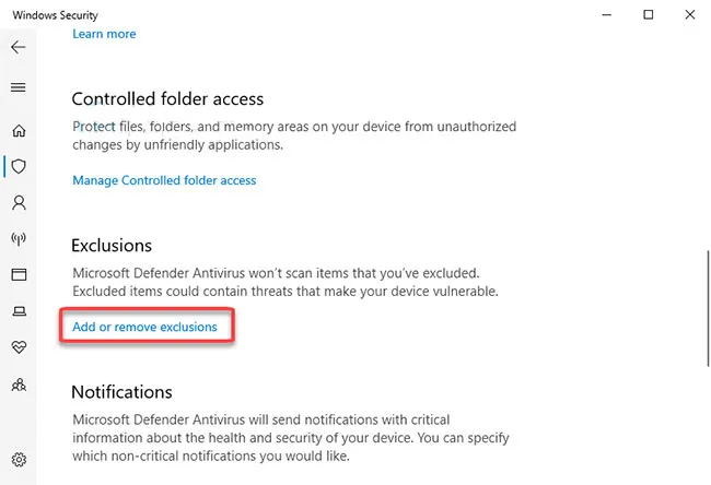 Tính năng Exclusions cho phép người dùng bỏ qua các folder hoặc tiến trình tin cậy