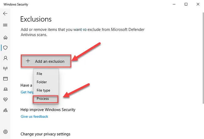 Chọn kiểu loại trừ là Process để can thiệp trực tiếp vào file thực thi MsMpEng.exe