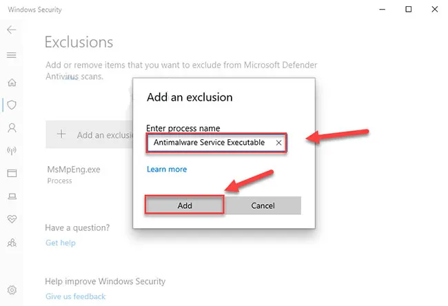 Nhập chính xác tên tiến trình cần loại trừ để Windows bỏ qua việc quét lặp