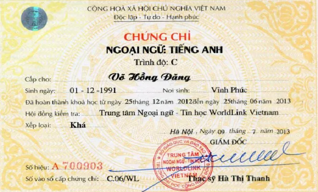Mẫu chứng chỉ ngoại ngữ cũ
