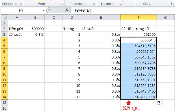 Bảng kết quả hoàn chỉnh sau khi thực hiện sao chép công thức