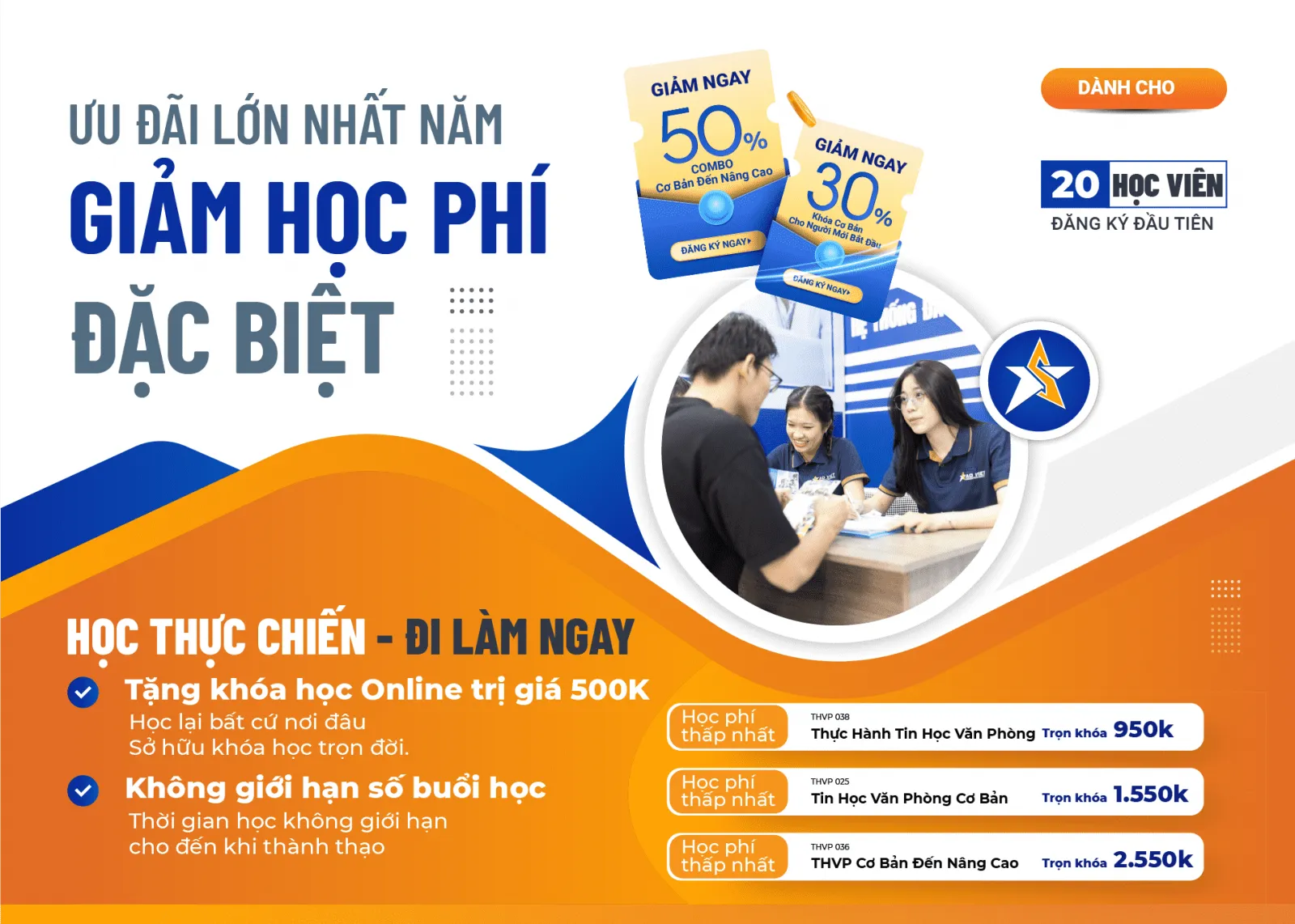 Banner giới thiệu ưu đãi học phí cực khủng khi đăng ký học tại Sao Việt