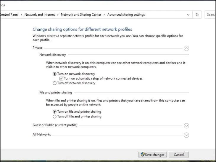 Bật các tuỳ chọn chia sẻ mạng