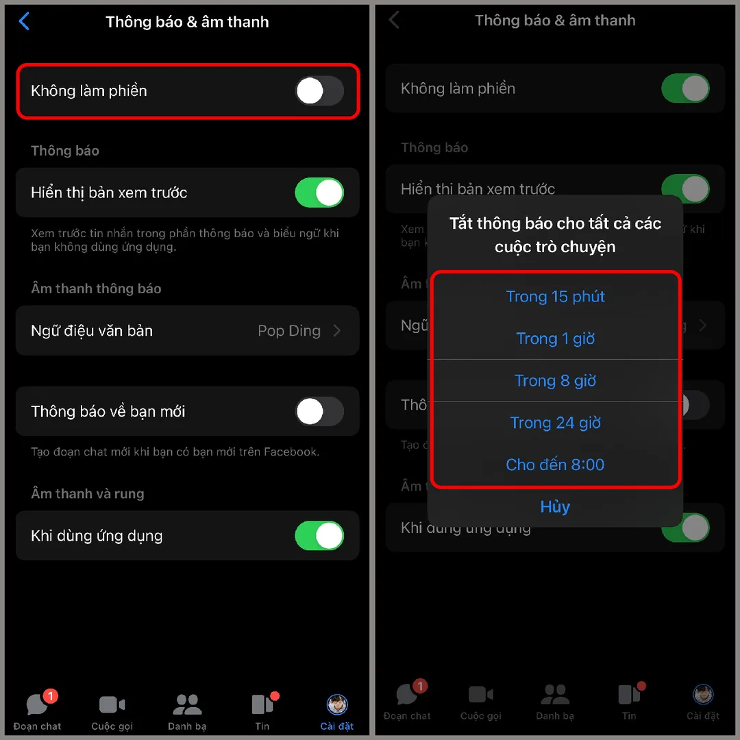 Bật chế độ Không làm phiền trong Messenger