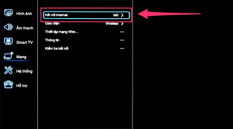 Bật chức năng kết nối Internet trong menu Mạng