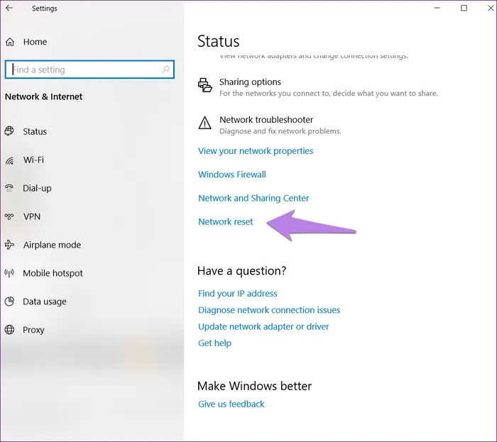 Click vào Network reset