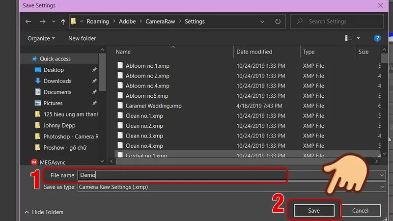 Đặt tên preset và lưu vào thư mục Settings