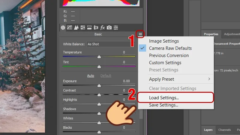 Chọn Load Settings từ menu tùy chọn Camera Raw