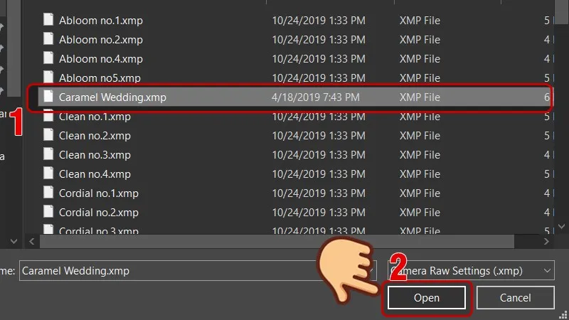 Chọn file preset và nhấn Open để import vào Camera Raw