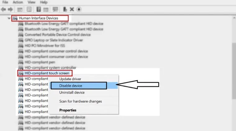Click chuột phải vào HID-Compliant touch screen, chọn Disable device