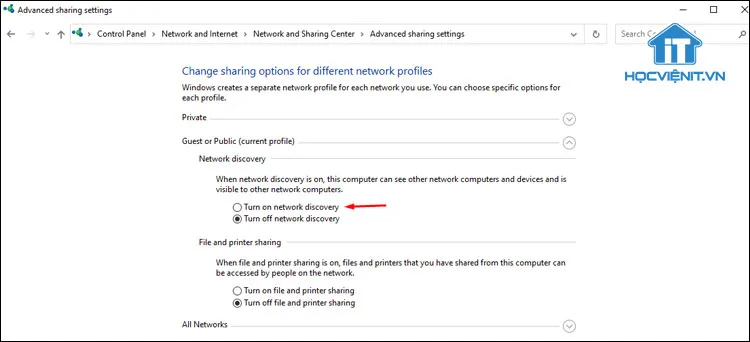 Tích chọn vào Turn on network discovery