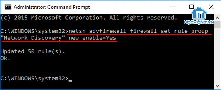 Nhập lệnh để bật Network Discovery