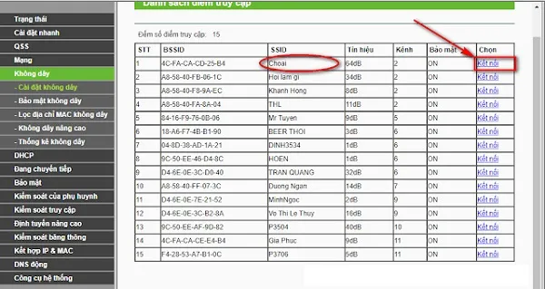 Danh sách các mạng wifi quét được trong khu vực