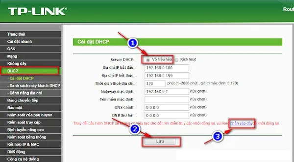 Vô hiệu hóa DHCP để modem chính quản lý IP