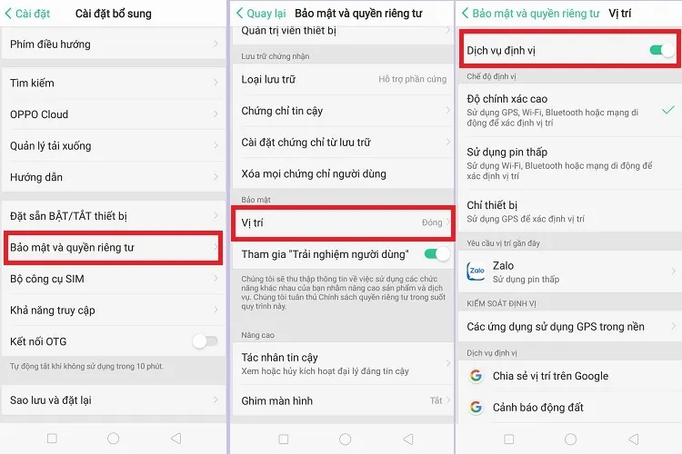 Bật dịch vụ định vị trong cài đặt bảo mật