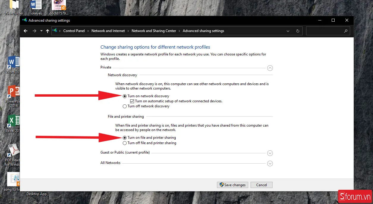 Cấu hình nâng cao trong Network Sharing Center để cho phép nhận diện thiết bị