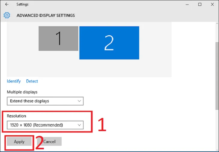 Thực hiện thay đổi độ phân giải cho màn hình thứ hai được chỉ định