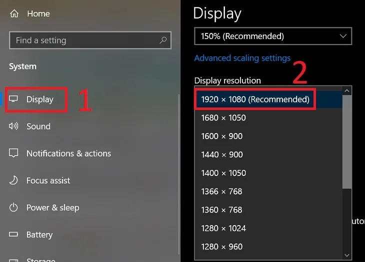 Lựa chọn thông số độ phân giải phù hợp trong danh sách Display Resolution