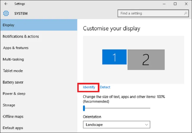 Sử dụng tính năng Identify trong Windows Settings để phân biệt các màn hình
