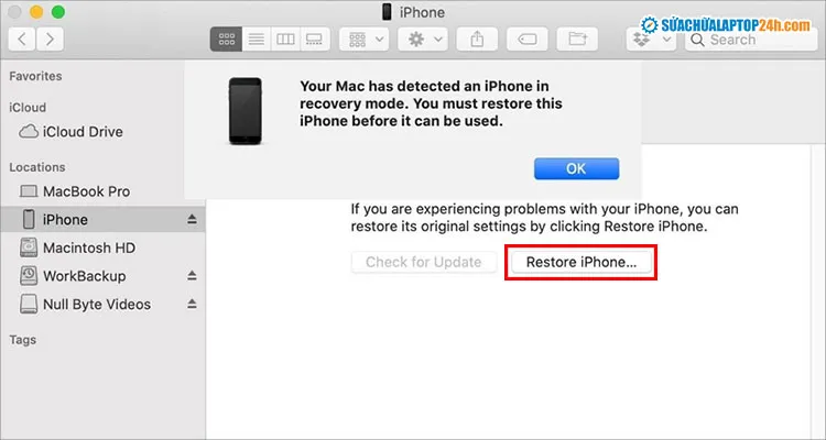 Chọn Restore iPad để khôi phục thiết bị và sửa lỗi iPad không lên màn hình do phần mềm
