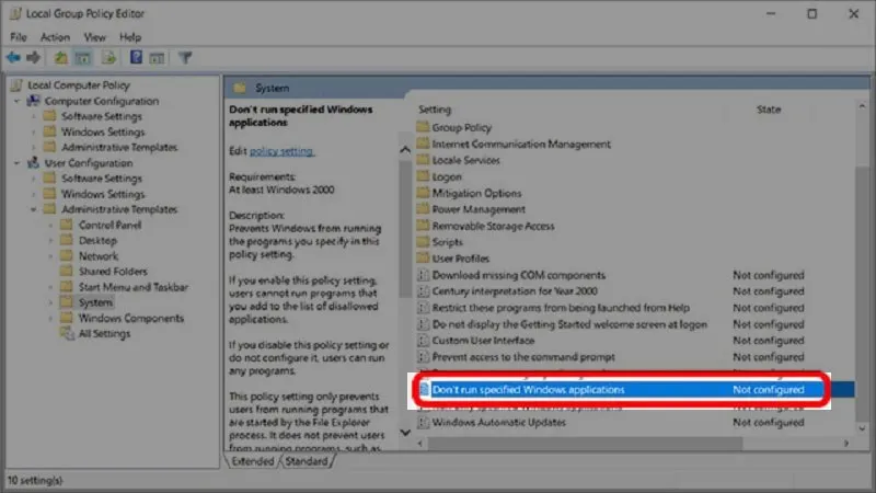 Chọn Don't run specified Windows applications