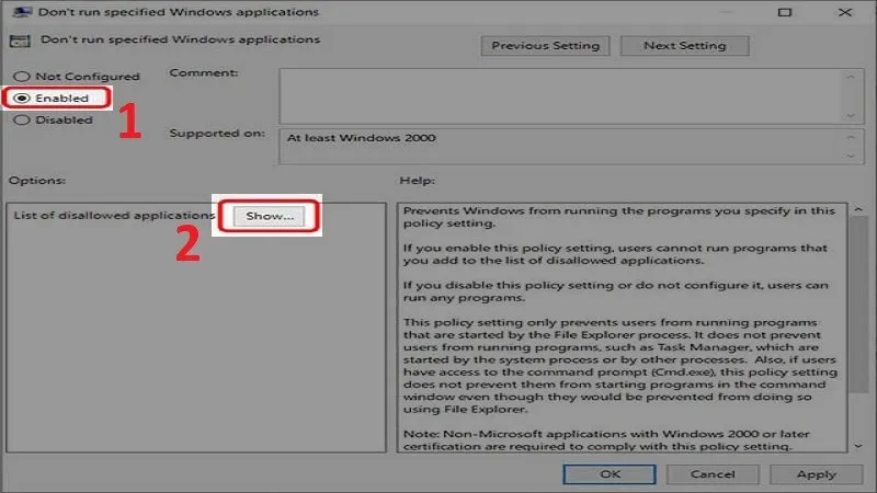 Chọn Enabled và ấn Show